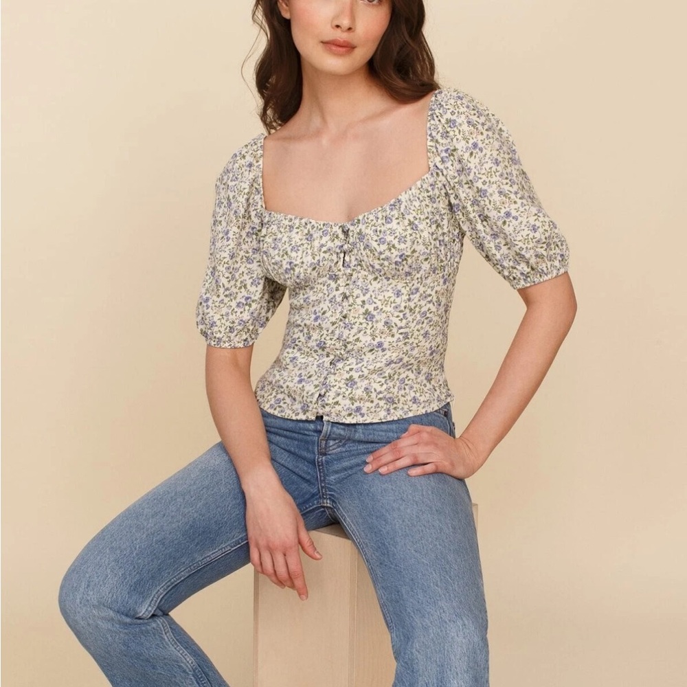 Reformation Buca Blouse Floral Puff Sleeve Top Size 0 White Blue Green